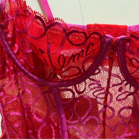 Savage X Fenty Ribbon Writing Lace Teddy Bodysuit Red and Pink Lace - Picture 8 of 13